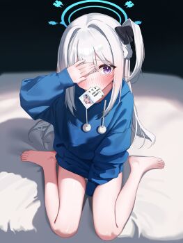 Rule 34 | 1girl, absurdres, barefoot, black bow, blue archive, blue halo, blue sweater, bow, commentary request, drawing flover, drawstring, hair bow, halo, hand over eye, highres, long hair, long sleeves, looking at viewer, miyako (blue archive), one side up, purple eyes, sitting, solo, sweater, very long hair, wariza, white hair