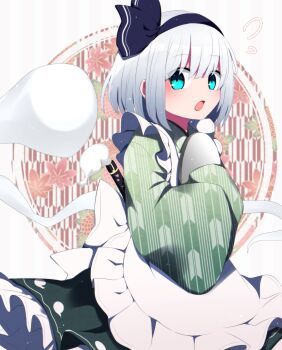 1girl :o adapted_costume alternate_costume apron black_hairband blush circle enmaided flying_sweatdrops frilled_apron frills green_eyes green_kimono grey_hair hairband highres hilt hitodama hugging_object japanese_clothes kimono konpaku_youmu konpaku_youmu_(ghost) leaf_print looking_at_viewer maid maple_leaf_print patterned_background short_hair sleeves_past_fingers sleeves_past_wrists solo sword sword_on_back touhou tray unmoving_pattern wa_maid weapon weapon_on_back white_apron yagasuri you_(noanoamoemoe)