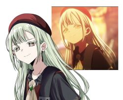 1girl ascot bang_dream! bang_dream!_it&#039;s_mygo!!!!! beret black_capelet black_collar bucishiro capelet closed_mouth collar collarbone colored_eyelashes commentary earrings frilled_collar frills gold_trim green_brooch green_hair guitar_strap hair_between_eyes hat jewelry long_hair looking_ahead mortis_(bang_dream!) mortis_(costume)_(bang_dream!) no_mask red_capelet red_hat reference_inset screenshot_inset sidelocks simple_background single_stripe smile solo striped_capelet swept_bangs symbol-only_commentary upper_body wakaba_mutsumi white_background yellow_ascot yellow_eyes