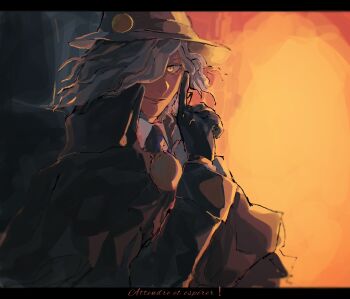 Rule 34 | 1boy, azisaiharumaki56, black gloves, black necktie, commentary request, edmond dantes (fate), fate/grand order, fate (series), french text, gloves, grey hair, hat, highres, index finger raised, long sleeves, looking at viewer, male focus, necktie, parted lips, short hair, solo, translation request, upper body, yellow eyes