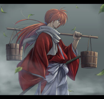 Rule 34 | 1boy, blue eyes, bucket, falling leaves, fog, hakama, himura kenshin, itouei, japanese clothes, katana, kimono, leaf, long hair, male focus, orange hair, ponytail, red hair, rurouni kenshin, sheath, solo, sword, weapon