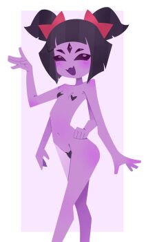 absurdres arthropod_girl black_hair breasts bug colored_skin completely_nude extra_arms extra_eyes fang fangs hands_on_own_hips heart_pasties highres insect_girl medium_hair mifune_takashi_(style) monster_girl muffet noxtwice nude pasties petite purple_skin simple_background skin_fang small_breasts spider spider_girl twintails undertale utdr_(toby_fox) white_background