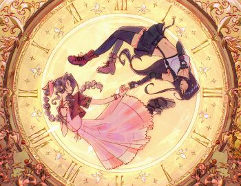 2girls aerith_gainsborough braid braided_ponytail clock clock_tower dress eye_contact facing_another final_fantasy final_fantasy_vii final_fantasy_vii_remake fingerless_gloves gloves highres jacket jess_(junissic) long_dress long_hair looking_at_another lying multiple_girls on_back parted_bangs pink_dress pinky_out pinky_swear red_jacket roman_numeral rotational_symmetry suspenders tank_top tifa_lockhart tower white_tank_top yuri