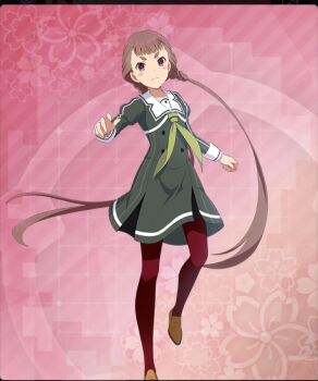 1girl blunt_bangs blush_stickers brown_hair brown_shoes buttons closed_mouth dot_nose double-breasted dress feet_out_of_frame floral_background foot_out_of_frame game_cg green_dress green_neckerchief hand_up heijou_institute_school_uniform long_hair long_sleeves matsunaga_erina neckerchief official_art pantyhose pink_background pinstripe_dress pinstripe_pattern purple_eyes red_pantyhose sailor_collar school_uniform shoes short_eyebrows solo standing standing_on_one_leg striped_clothes striped_dress thick_eyebrows third-party_source toji_no_miko toji_no_miko:_kizamishi_issen_no_tomoshibi twintails vertical-striped_clothes vertical-striped_dress very_long_hair white_sailor_collar