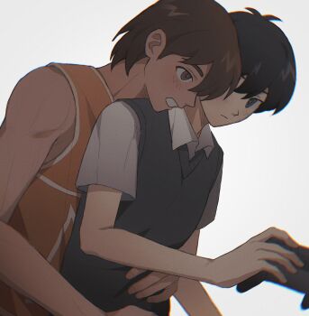 Rule 34 | 2boys, :|, absurdres, antenna hair, bare arms, bare shoulders, behind another, black eyes, black hair, black sweater vest, blurry, bright pupils, brown eyes, brown hair, bskrf vc, chinese commentary, chromatic aberration, clenched teeth, closed mouth, collared shirt, commentary request, dark-skinned male, dark skin, depth of field, double-parted bangs, dutch angle, expressionless, film grain, fingernails, grey background, hair behind ear, hair between eyes, hand on another's stomach, handheld game console, head on another's shoulder, highres, holding, holding handheld game console, kel (faraway) (omori), kel (omori), light frown, looking ahead, looking at another, male focus, multiple boys, omori, one eye covered, orange tank top, profile, shirt, short hair, short sleeves, sideways mouth, simple background, sunny (omori), sweater vest, tank top, teeth, toned, toned male, very short hair, white pupils, white shirt