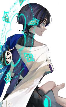 Rule 34 | 1boy, aqua eyes, aqua halo, armor, black bodysuit, black hair, black shorts, blue cape, blue sleeves, blunt ends, bodysuit, bridal gauntlets, cape, ce5 ez, eyeliner, eyeshadow, fingernails, from behind, furisode, genshin impact, glowing markings, grey bridal gauntlets, half-closed eyes, halo, halo behind head, highres, japanese armor, japanese clothes, kimono, kote, kurokote, layered sleeves, looking to the side, magic circle, makeup, male focus, mandala, open hands, parted lips, red eyeliner, red eyeshadow, scaramouche (genshin impact), short sleeves, shorts, shoulder peek, sideways mouth, solo, wanderer (genshin impact), white background, white kimono, white mouth, white sleeves
