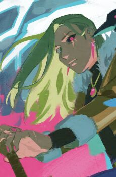 Rule 34 | 1girl, anna croft, bird, black sclera, blonde hair, character request, check character, colored sclera, commentary, crow, earrings, english commentary, from below, fur collar, green eyes, heterochromia, highres, holding, holding staff, jewelry, leaning forward, lightning, long hair, looking at viewer, nemomosso, omniscient reader's viewpoint, pendant, pink eyes, scar, scar across eye, scar on face, staff, underlighting, upper body