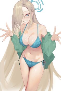 1girl alternate_costume asuna_(blue_archive) bare_shoulders bikini blonde_hair blue_archive blue_bikini blue_eyes blue_halo breasts cleavage commentary cowboy_shot english_commentary hair_over_one_eye halo highres large_breasts long_hair looking_at_viewer navel one_eye_covered pokoporoko side-tie_bikini_bottom simple_background smile solo swimsuit tsurime very_long_hair white_background