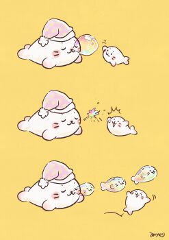 :3 absurdres animal animal_focus closed_eyes commentary_request hat highres nightcap no_humans nose_bubble original simple_background sleeping yatima_sirotan yellow_background