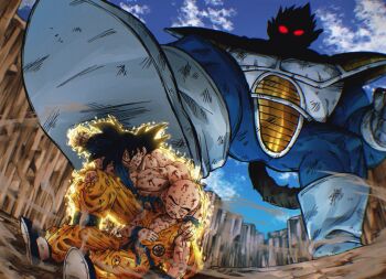 3boys alternate_universe aura bald battle_damage black_hair blood blood_on_body blood_on_face blue_shirt blurry blurry_background body_fur closed_eyes dragon_ball dragon_ball:_sparking! dragonball_z glowing glowing_eyes hashagu kaiju kuririn male_focus medium_hair monkey multiple_boys oozaru orange_pants orange_shirt pants red_eyes shaded_face shirt son_goku spiked_hair torn_clothes torn_pants torn_shirt transformation vegeta