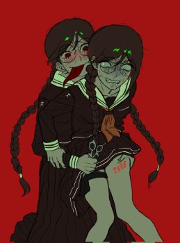 Rule 34 | 2girls, angry, black hair, black serafuku, black skirt, blush, braid, clenched teeth, danganronpa: trigger happy havoc, danganronpa (series), dual persona, fukawa toko, genocider shou, glasses, hamuseutta, highres, holding, holding scissors, jimiko, long hair, long sleeves, long tongue, looking at another, mole, mole under mouth, multiple girls, naughty face, neckerchief, red eyes, red neckerchief, round eyewear, sailor collar, school uniform, scissors, serafuku, skirt, smile, tally, teeth, tongue, tongue out, twin braids