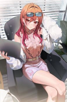 1girl absurdres ahoge arm_up belt blouse center_frills chair colored_inner_hair crossed_legs earrings eyewear_on_head frills fur_jacket gold_choker gradient_hair hair_ornament hairclip hashtag-only_commentary highres holding hololive hololive_dev_is ichijou_ririka ichijou_ririka_(1st_costume) indoors jacket jewelry long_hair looking_at_viewer miniskirt multicolored_hair off_shoulder on_chair orange_eyes orange_hair panda_0035 parted_lips pencil_skirt pink_hair pink_shirt purple_skirt shirt shirt_tucked_in sitting skirt sleeveless sleeveless_shirt solo sunglasses swept_bangs virtual_youtuber white_belt white_jacket