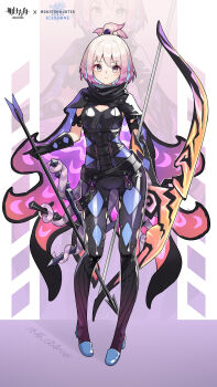 1girl absurdres alternate_costume arknights armor arrow_(projectile) black_cape blue_hair bow_(weapon) breasts cape chinese_commentary cleavage cleavage_cutout closed_mouth clothing_cutout colored_inner_hair commentary_request copyright_name full_body high_collar highres holding holding_arrow holding_bow_(weapon) holding_weapon jiuyu_qame kirara_(arknights) light_blush light_smile looking_at_viewer monster_hunter:_world monster_hunter_(series) monster_hunter_world:_iceborne multicolored_cape multicolored_hair orange_cape pink_cape pink_hair pointy_ears purple_cape short_hair small_breasts solo standing tentacles topknot two-sided_cape two-sided_fabric weapon zoom_layer