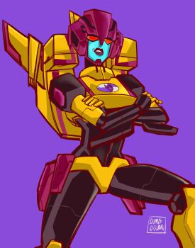 1girl absurdres annoyed backpack bag crossed_arms dragstrip dumbdelvon helmet highres humanoid_robot panties purple_background red_eyes red_lips robot simple_background solo transformers transformers_animated underwear yellow_panties