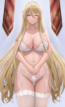 1girl absurdres alternate_costume azur_lane bismarck_(azur_lane) blonde_hair blue_eyes blush bra breasts cleavage closed_mouth collarbone commentary cross fie_nanoo gluteal_fold highres imperial_german_flag iron_blood_(emblem) iron_cross jewelry large_breasts lingerie long_hair navel one_eye_closed own_hands_together panties ring smile solo thigh_gap tiara underwear very_long_hair white_bra white_panties