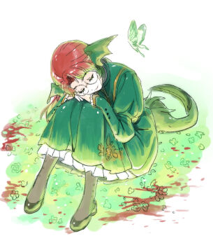 1girl au_ra bug butterfly closed_eyes commentary dede_(qwea_00000) dragon_girl dragon_tail dress final_fantasy final_fantasy_xiv frilled_dress frills from_above full_body glasses green_butterfly green_dress green_shoes halmarut_(ff14) head_rest highres horns insect juliet_sleeves knees_up long_sleeves puffy_sleeves red_hair round_eyewear shoes sitting smile solo tail untranslatable_commentary