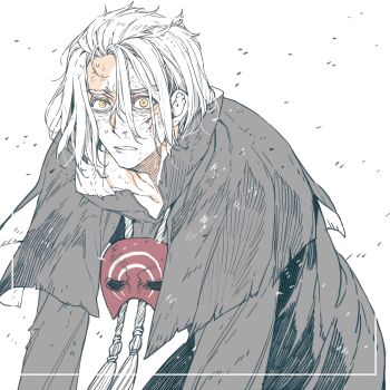 Rule 34 | 1boy, black capelet, black robe, blood, blood on face, capelet, commentary request, dirty, dirty face, emet-selch, final fantasy, final fantasy xiv, furrowed brow, hair between eyes, hiryuu (kugelcruor), injury, korean commentary, leaning forward, male focus, mask, mask around neck, medium hair, messy hair, parted bangs, parted lips, robe, solo, sophist's robe (ff14), tassel, torn clothes, upper body, white background, white hair, wide-eyed, yellow eyes