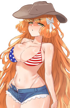absurdres american_flag american_flag_bikini american_flag_print bikini breasts cowboy_hat denim denim_shorts flag_print flag_print_bikini hair_ribbon hat highleg highleg_panties highres ishmael_(project_moon) large_breasts limbus_company midriff navel orange_eyes panties print_bikini project_moon ribbon short_shorts shorts stomach sweat sweatdrop swimsuit unbuttoned unbuttoned_pants underwear