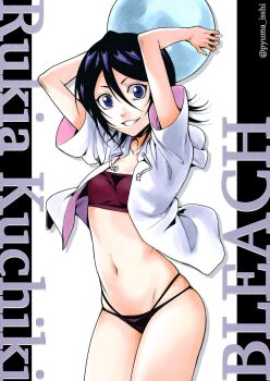 Rule 34 | 1girl, bad id, bad twitter id, ball, beachball, bikini, black bikini, black hair, bleach, blue eyes, breasts, character name, copyright name, cowboy shot, dress shirt, hair between eyes, isshi pyuma, kuchiki rukia, looking at viewer, open clothes, open shirt, parted lips, shirt, short hair, small breasts, smile, solo, standing, swimsuit