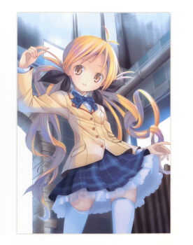 1girl absurdres artist_request black_bow blazer blonde_hair bow bowtie brown_jacket chaos;head clenched_teeth clothes_lift collared_shirt dress_shirt drill_hair hair_bow hair_ribbon highres jacket lapels lips long_hair looking_at_viewer miniskirt multiple_hair_bows notched_lapels orihara_kozue parted_lips petticoat plaid_bow plaid_bowtie plaid_clothes plaid_skirt pleated_skirt pop_(electromagneticwave) purple_bow purple_bowtie purple_skirt ribbon school_uniform science_adventure shirt skirt skirt_lift solo suimei_academy_school_uniform teeth thighhighs transparent_petticoat twin_drills twintails white_shirt white_thighhighs yellow_eyes zettai_ryouiki