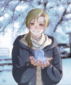 1boy ahoge alphonse_elric blonde_hair blurry blurry_background blush coat commentary_request contemporary edward_elric fullmetal_alchemist happy highres holding_snowman long_hair looking_at_viewer male_focus natsuru0311 outdoors scenery smile snow snowman solo teeth tree upper_body winter winter_clothes winter_coat yellow_eyes