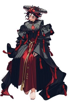 1boy angellyuna barefoot black_coat black_hair black_robe closed_mouth coat crown dante_alighieri_(fate) dante_alighieri_(third_ascension)_(fate) fate/grand_order fate_(series) floating_crown full_body grey_eyes highres laurel_crown long_sleeves looking_down male_focus multicolored_hair nail_polish off_shoulder parted_bangs red_hair red_nails red_robe robe short_hair simple_background sitting sleeves_past_wrists solo tassel toenail_polish toenails twitter_username two-tone_hair white_background wide_sleeves