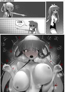 &gt;_&lt; 2girls absurdres ashenmash bb_(fate) bb_dubai_(fate) black_dress blush bouncing_breasts breasts breasts_apart breasts_out center_opening collarbone dress english_text fate/extra fate/extra_ccc fate/grand_order fate_(series) female_orgasm flat_cap forced_orgasm greyscale hair_ribbon hat highres huge_breasts kishinami_hakuno_(female) kishinami_hakuno_(female)_(mooncancer) large_breasts long_hair monochrome multiple_girls nipples no_bra open_mouth orgasm pointing ponytail ribbon saliva speech_bubble tearing_up unaligned_breasts