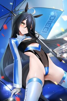 1girl absurdres ahoge animal_ears black_hair black_tail blurry blush breasts car clothes_writing commentary confetti covered_navel depth_of_field gloves grin hair_between_eyes highleg highleg_leotard highres holding holding_umbrella horse_ears horse_girl horse_tail leotard long_hair long_hair_between_eyes long_sleeves looking_at_viewer manhattan_cafe_(umamusume) motor_vehicle on_car race_queen shiny_clothes small_breasts smile solo super_highleg symbol-only_commentary tail thighhighs thighs ugohato umamusume umbrella white_gloves white_thighhighs yellow_eyes