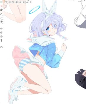 1girl arona_(blue_archive) blue_archive blue_eyes blue_hair blue_halo blue_shirt bow_hairband braid clothes_lift colored_inner_hair full_body grin hair_over_one_eye hairband halo loli long_sleeves looking_at_viewer multicolored_hair okimiyage_(oitekuze_kore) panties pleated_skirt sailor_collar shirt shoes side_braid simple_background skirt skirt_lift smile sneakers solo_focus striped_clothes striped_panties two-tone_hair underwear white_background white_sailor_collar