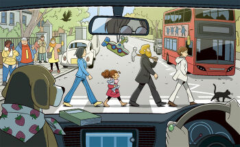 abbey_road beard bird black_cat blonde_hair blue_sky book brown_hair bus car_interior cat cellphone child commentary_request crosswalk day dog double-decker_bus driving england facial_hair fence food_print fruit_print glasses grey_hair gurihiru hammer hands_in_pockets holding holding_hammer holding_phone holding_stuffed_toy jewelry mature_male motor_vehicle multiple_boys multiple_girls original phone plump ponytail real_world_location rear-view_mirror ring road round_eyewear sky steering_wheel strawberry_print stuffed_animal stuffed_toy taking_picture the_beatles volkswagen_beetle yellow_submarine