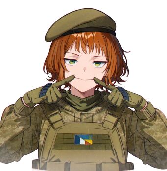 Rule 34 | 1girl, beret, bulletproof vest, camouflage, camouflage jacket, digital camouflage, forced smile, french flag, gloves, green eyes, hat, highres, jacket, kotorigaka, looking at viewer, military combat uniform, military uniform, mm14, natalie (qvit11), orange hair, original, patch, pointing, pointing at mouth, pointing at self, russo-ukrainian war, second-party source, short hair, simple background, soldier, ukrainian flag, wavy hair, white background