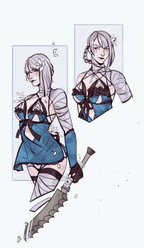 Rule 34 | 1girl, absurdres, bandaged arm, bandaged leg, bandaged neck, bandages, black gloves, blue negligee, blue sleeves, border, braid, braided hair rings, breasts, brown eyes, cleavage, closed mouth, detached sleeves, falling petals, flower, gloves, grey background, grey hair, hair flower, hair ornament, hair rings, highres, holding, holding sword, holding weapon, kaine (nier), light blush, long hair, medium breasts, multiple views, nier (series), panties, petals, robasarel, single bare shoulder, single sidelock, solo, sword, thigh strap, underboob, underwear, weapon, white border, white flower, white panties, white petals