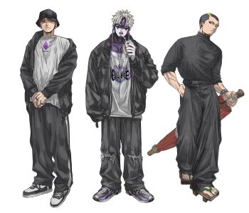 3boys alternate_costume baggy_pants black_hair black_hat black_jacket black_pants black_sweater closed_mouth dandadan dr.k_(doctorkodok) drinking_straw dual_persona earrings enjoji_jin evil_eye_(dandadan) full_body hand_in_pocket hat highres holding holding_umbrella jacket jewelry male_focus multiple_boys open_clothes open_jacket open_mouth pants parted_lips possessed red_hair ring sandals shirt shoes short_hair sneakers standing sweater third_eye turtleneck turtleneck_sweater umbrella very_short_hair white_background white_hair white_shirt zuma_unji