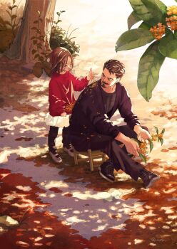 1boy 1girl artist_name autumn_leaves avengers:_endgame avengers_(series) black_footwear black_jacket black_leggings black_pants black_shirt boots brown_hair child closed_eyes closed_mouth commentary_request day facial_hair father_and_daughter flower glasses grey_footwear highres holding holding_flower jacket leaf leggings long_sleeves marvel marvel medium_hair mochishio morgan_stark open_clothes open_jacket orange_flower outdoors pants puffy_long_sleeves puffy_sleeves red_sweater shadow shirt shoes short_hair sitting skirt smile standing sweater t-shirt tony_stark tree white_skirt
