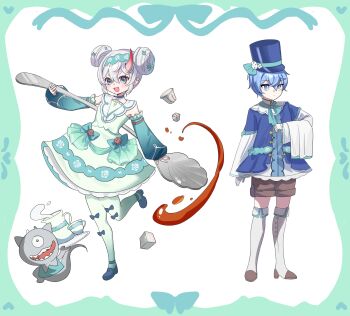 1boy 1girl absurdres alternate_costume blue_eyes blue_hair blue_hat blue_jacket blue_shirt brown_shorts commentary_request double_bun dress edgar_(nte) green_dress grey_hair hair_bun hat highres holding holding_spoon horns jacket looking_at_viewer neverness_to_everness picdung sakiri_(nte) shirt short_hair shorts single_horn spoon