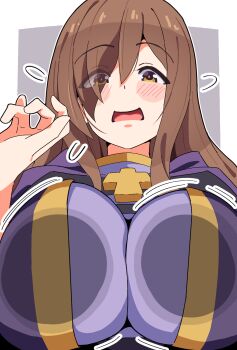 1girl against_fourth_wall blush_stickers breast_press breasts brown_eyes brown_hair commentary_request eyes_visible_through_hair flying_sweatdrops grey_background hair_over_one_eye highres huge_breasts kono_subarashii_sekai_ni_shukufuku_wo! long_hair looking_at_viewer noyama_takenoko outline purple_robe robe simple_background solo upper_body white_outline wiz_(konosuba)