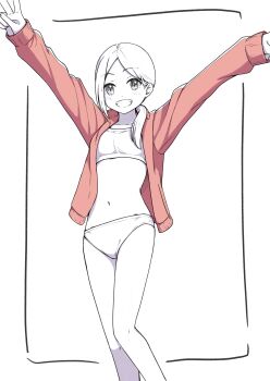 Rule 34 | 1girl, absurdres, arms up, bikini, blush, border, collarbone, commentary request, dot nose, feet out of frame, grin, highres, jacket, long single sidelock, looking at viewer, monochrome, navel, negimiso1989, open clothes, open jacket, original, outside border, partially colored, ponytail, red jacket, short hair, simple background, single sidelock, smile, solo, swimsuit, track jacket, v, white background