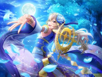 1girl bracelet brown_hair cosplay detached_sleeves egasumi falling_petals floating_hair floral_print flower full_moon game_cg hair_between_eyes hair_flower hair_ornament japanese_clothes japanese_mythology jewelry kimono long_hair looking_at_viewer looking_back moon night official_art open_mouth outstretched_arms petals purple_eyes purple_kimono saijou_claudine shoujo_kageki_revue_starlight shoujo_kageki_revue_starlight_-re_live- solo standing tree tsukuyomi_(mythology) tsukuyomi_(mythology)_(cosplay) upper_body wavy_hair wide_sleeves