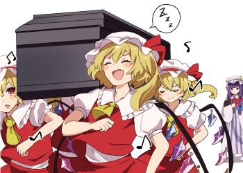 5girls :d ascot assisted_carrying blonde_hair blush_stickers book carrying closed_eyes coffin commentary_request crescent crescent_hat_ornament crystal dancing_pallbearers_(meme) fang flandre_scarlet flat_chest four_of_a_kind_(touhou) frilled_shirt_collar frills hair_between_eyes happy hat hat_ornament highres holding holding_book meme mob_cap multiple_girls musical_note one_side_up open_mouth pakimoti patchouli_knowledge puffy_short_sleeves puffy_sleeves red_eyes red_skirt red_vest shadow short_sleeves simple_background skin_fang skirt skirt_set slit smile smug spoken_zzz striped touhou v-shaped_eyebrows vertical_stripes vest white_background wings yellow_ascot zzz