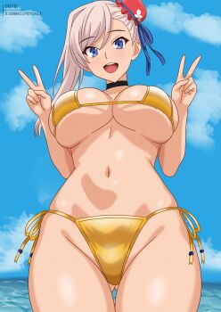 1girl absurdres beach bikini blue_eyes blush breasts bun_cover choker cleavage commentary double_v fate/grand_order fate_(series) gluteal_fold gold_bikini hair_bun hair_ribbon highres justcuyo large_breasts long_hair looking_at_viewer miyamoto_musashi_(fate) miyamoto_musashi_(fate/grand_order) miyamoto_musashi_(swimsuit_berserker)_(fate) miyamoto_musashi_(swimsuit_berserker)_(second_ascension)_(fate) navel open_mouth outdoors pink_hair ribbon single_side_bun smile solo swept_bangs swimsuit thighs v