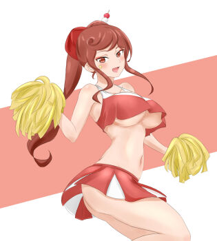 1girl :d ass blush bow breasts brown_hair cleavage drawfag hair_bow hair_ornament hair_stick highres large_breasts long_hair looking_at_viewer makeup md5_mismatch miniskirt navel open_mouth pom_pom_(cheerleading) ponytail red_bow red_eyes resolution_mismatch sidelocks simple_background skirt smile solo source_larger standing star_(symbol) twisted_torso two-tone_background underboob viperxtr yuugiri_(zombie_land_saga) zombie_land_saga