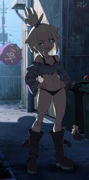 1girl alley artist_name bare_shoulders black_boots black_bra black_panties blue_eyes blurry blurry_background boots bra breasts commentary cropped_shirt day english_commentary full_body gen_1_pokemon graffiti hair_bobbles hair_ornament hands_on_own_hips highres koffing long_sleeves looking_at_viewer medium_breasts navel nintendo no_pants off-shoulder_shirt off_shoulder open_mouth outdoors panties poke_ball poke_ball_(basic) pokemon pokemon_(creature) pokemon_bw2 potion_(pokemon) power_lines r3dfive roxie_(pokemon) shirt smile solo standing striped_clothes striped_shirt topknot trash_can underwear utility_pole v-shaped_eyebrows white_hair