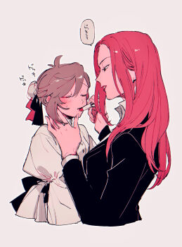 2girls absurdres antenna_hair applying_another&#039;s_makeup applying_makeup back_bow black_bow black_eyes black_jacket black_ribbon blush bow breasts bun_cover closed_eyes collared_shirt commentary_request cosmetics cropped_torso dress grey_background grey_hair hair_bun hair_ribbon hand_on_another&#039;s_cheek hand_on_another&#039;s_face hands_up highres hina_(one_piece) holding holding_lipstick_tube jacket kabane_(rjev8385) lipstick_tube long_sleeves looking_at_another medium_breasts multiple_girls narrowed_eyes oc_x_canon one_piece parted_lips profile red_hair red_lips red_ribbon ribbon shirt sidelocks simple_background single_hair_bun sleeve_ribbon small_breasts small_sweatdrop speech_bubble suit_jacket translation_request white_dress white_shirt