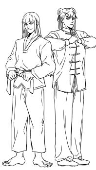 2girls alternate_costume archived_source arms_up artist_name barefoot blunt_bangs capcom changshan chinese_clothes chun-li commentary double_bun dougi efd english_commentary frown full_body hair_bun han_juri hand_on_belt highres korean_commentary long_hair looking_at_another looking_to_the_side martial_arts_belt multiple_girls palm-fist_greeting pants ribbon shoes smile standing street_fighter white_background