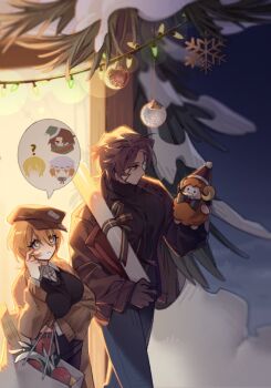 1boy 1girl black_sweater blonde_hair brown_gloves brown_hair brown_hat christmas christmas_nightmare_(e.g.o) christmas_ornaments commentary don_quixote_(project_moon) e.g.o_(project_moon) gloves hat heathcliff_(project_moon) holiday_(e.g.o) ishmael_(project_moon) limbus_company mercuryhx newsboy_cap project_moon purple_eyes short_hair single_glove sweater walking winter yellow_eyes zwei_association_south_uniform