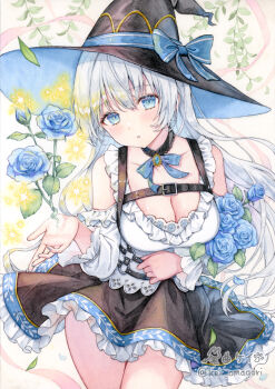 1girl :o belt belt_buckle black_belt black_collar black_hat black_skirt blue_bow blue_bowtie blue_eyes blue_flower blue_rose blush bow bowtie breasts buckle choppy_bangs cleavage collar commentary_request cowboy_shot detached_sleeves floating_clothes flower frilled_shirt frilled_sleeves frills hand_up hat hat_bow highres large_breasts long_hair long_sleeves looking_at_viewer magic marker_(medium) miniskirt omagari_kei original parted_lips rose scoop_neck shirt skirt sleeveless sleeveless_shirt solo standing traditional_media twitter_username white_background white_hair white_shirt witch witch_hat