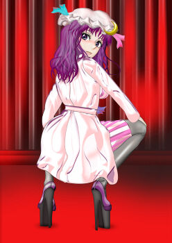 bdsm blue_bow blush bodysuit bondage_outfit bow breasts commentary_request crescent crescent_hat_ornament dress hands_on_own_knees hat hat_ornament high_heels kams large_breasts latex latex_bodysuit lips long_hair looking_at_viewer looking_back nose_blush patchouli_knowledge pink_dress pink_hat platform_heels platform_shoes purple_bow purple_eyes purple_hair purple_shoes shoes spread_legs squatting striped_clothes touhou