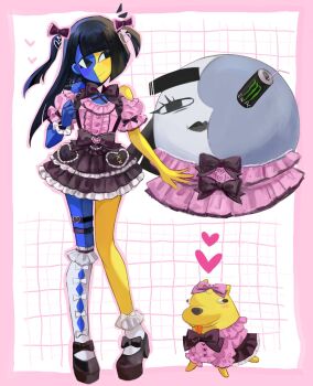 2girls alternate_costume animal black_eyes black_hair black_lips blue_skin blunt_bangs blunt_ends can colored_skin commentary dog drink_can ena_(ena) ena_(series) ena_(species) ena_(web_series) energy_drink floating_head happy_ena highres hourglass_dog jirai_kei long_hair monster_energy moony_(ena) multicolored_skin multiple_girls shirt short_sleeves smile split-color_skin symbol-only_commentary two-tone_skin two_side_up usagimarumei yellow_skin