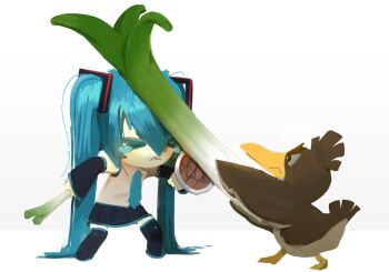 bad_source bird blue_hair crossover crying fighting_stance food galarian_farfetch'd galarian_form gen_8_pokemon hatsune_miku holding holding_food necktie nintendo pokemon pokemon_(creature) pokemon_swsh shield spring_onion third-party_source topdylan twintails vocaloid white_background