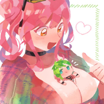 2girls absurdres black_choker breasts choker cleavage green_hair highres jacket large_breasts macross macross_delta makina_nakajima md5_mismatch multiple_girls pink_hair pointy_ears reina_prowler ro_(tuyu_416) short_hair smile twintails